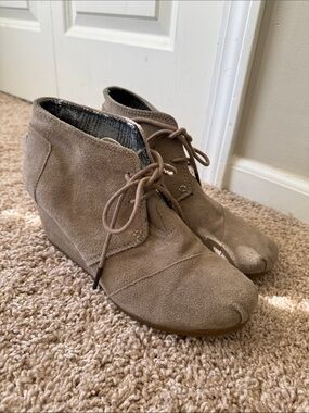 Toms Taupe Suede Lace-Up Wedge Booties